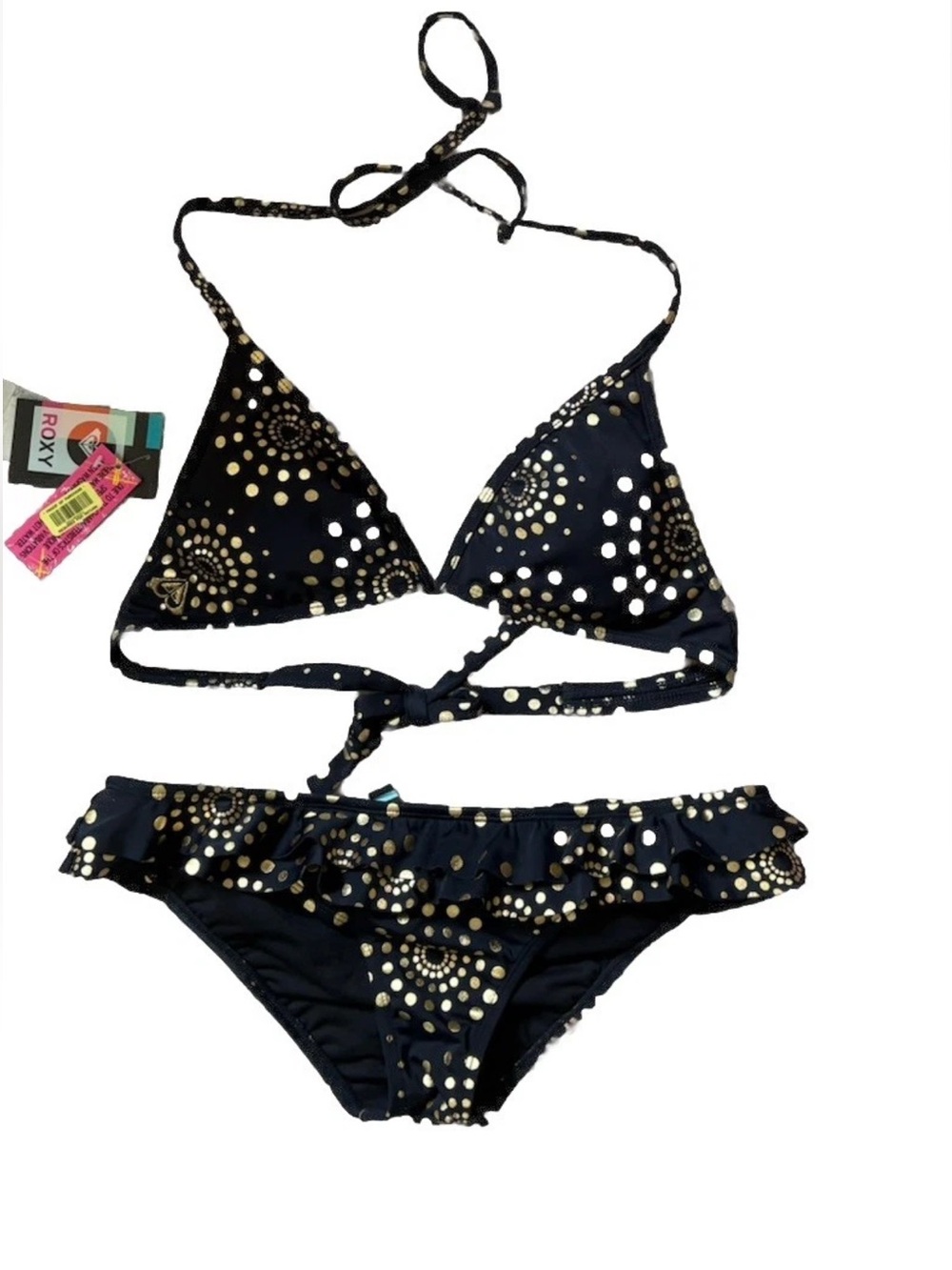Roxy Womans bikini set Size Large Black With Gold Metallic Dots NWT